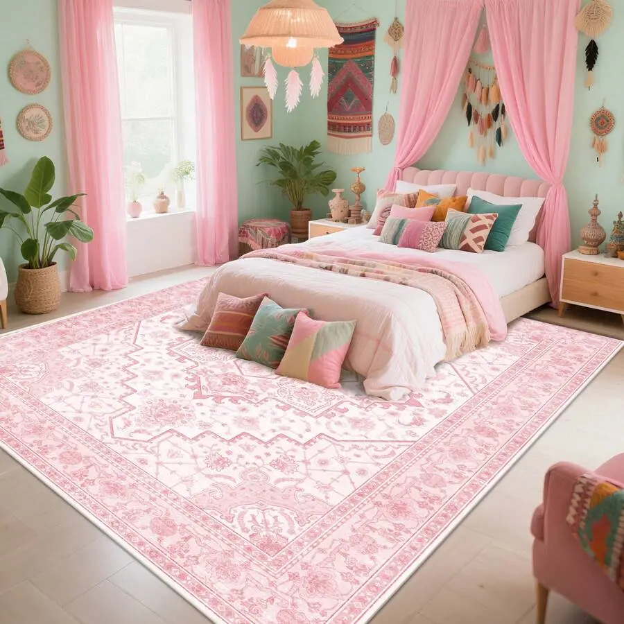 8x10ft Pink Medallion Boho Pastel Floral Area Rug, Non-Slip Machine-Washable Soft Faux Cashmere Bedroom Rug, Stain-Resistant Mat for Living Room Decor, Bedroom Rugs