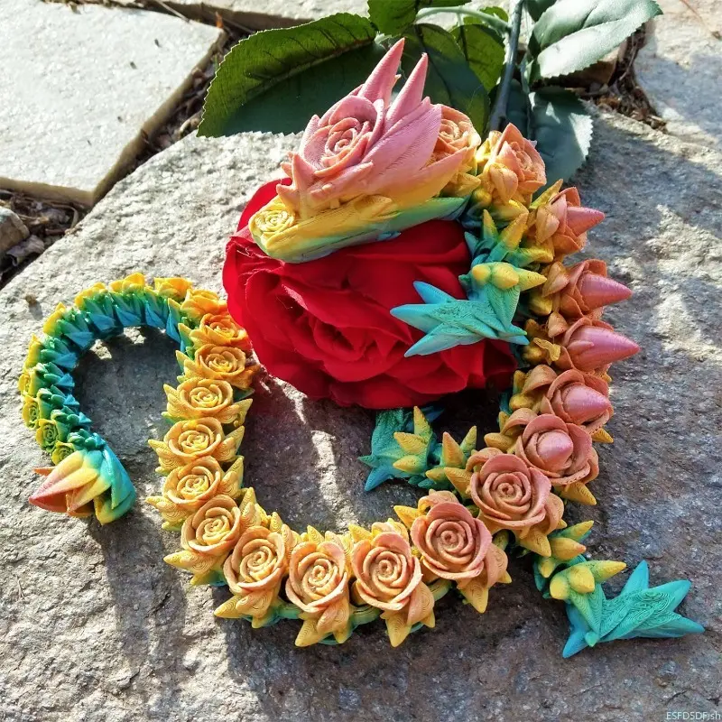 3D Printed Rose Dragon Figurine - Fully Articulated Movable Joints, Fantasy Handmade Ornament, Creative Craft, Desktop Decor, Birthday Gift Ideas for Collectors (DIY Bag Accessory), Fantasy Dragon, Unique Gifts, Articulated Joints, Collectible Item, Girlf