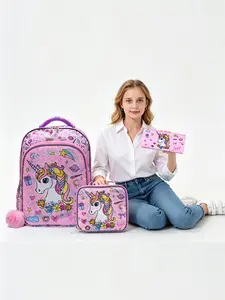 3 Piece Set Women's Backpack, Travel Bag, Luggage, School Bag, Includes Lunch Box and Pencil Case, Pink Unicorn Glitter Design, 17 Inches, Night Reflective Light