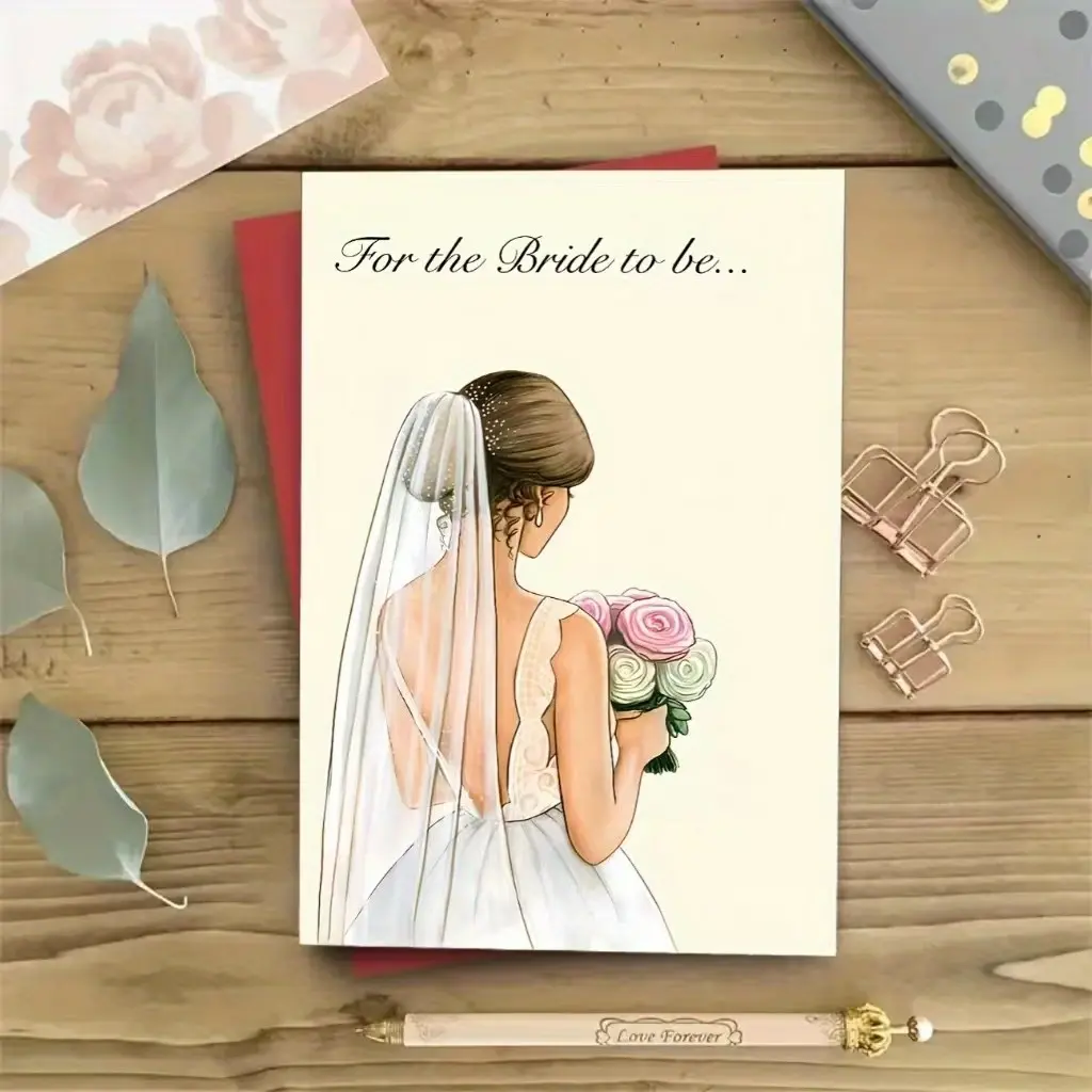 Charming Cartoon Bridal Wedding Greeting Card with Envelope, Ideal for Engagements, Valentine's Day, Anniversaries, Printed Design