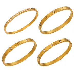 Loveden18K Gold Plated CZ Bangle for Women, Love/Heart/Flower Design Stainless Steel Bracelet, Waterproof Stackable Daily Jewelry Gift