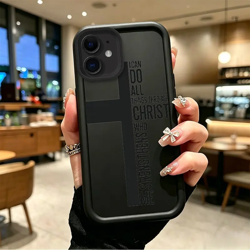 iPhone 12 Durable Silicone Case - TPU-Enhanced Polycarbonate Protective Shockproof Cover, Black Cross "Christ Strengthens Me" Design, Celestial Eye Layered Accessory, boboiptyjt12835 Gift Option