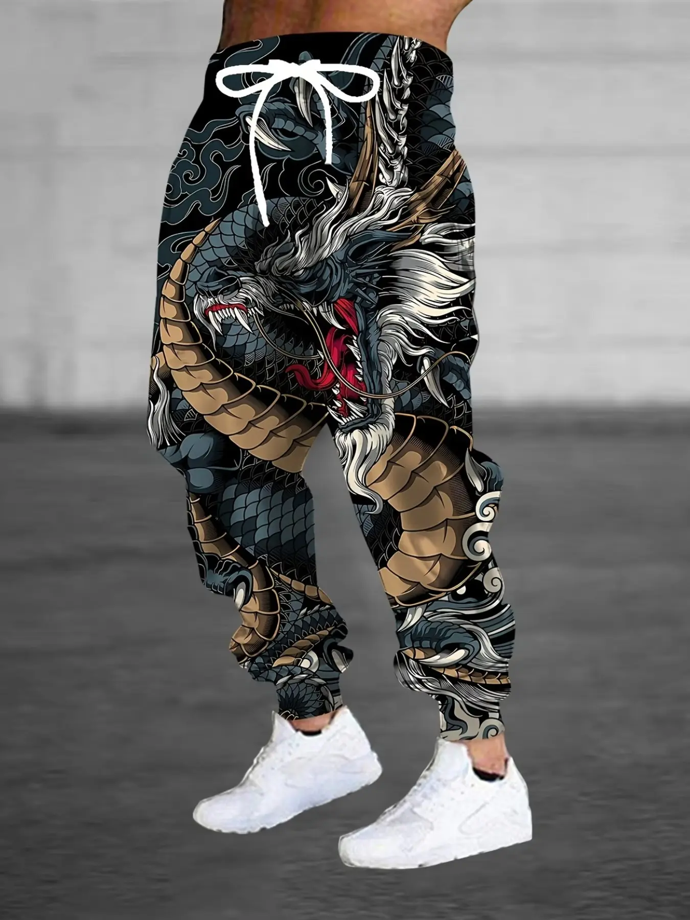 Fashionable Men's 3D Dragon Print Sports Pants with Drawstring and Pockets, Casual Ankle-Length Long Pants for All Seasons