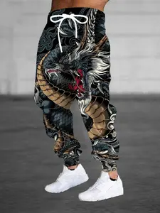 Fashionable Men's 3D Dragon Print Sports Pants with Drawstring and Pockets, Casual Ankle-Length Long Pants for All Seasons