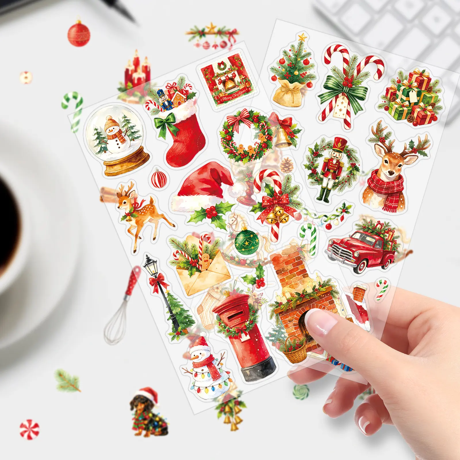 5Pcs Christmas Transparent PET Vintage Aesthetic Stickers, Santa Reindeer, Planner Accessories Office Products for Water Bottle, Phone Case, Laptop