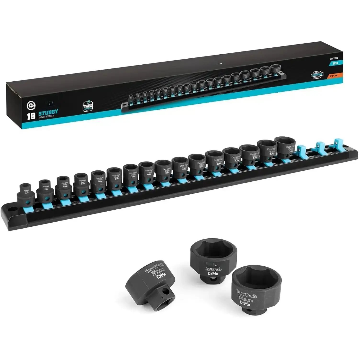 3/8" Drive Stubby Hex Socket Tool Kit Set, Low Profile Metric Impact Sockets (6-24mm) Cr-Mo Steel Mechanic Car Tools, Organized in Storage Rail
