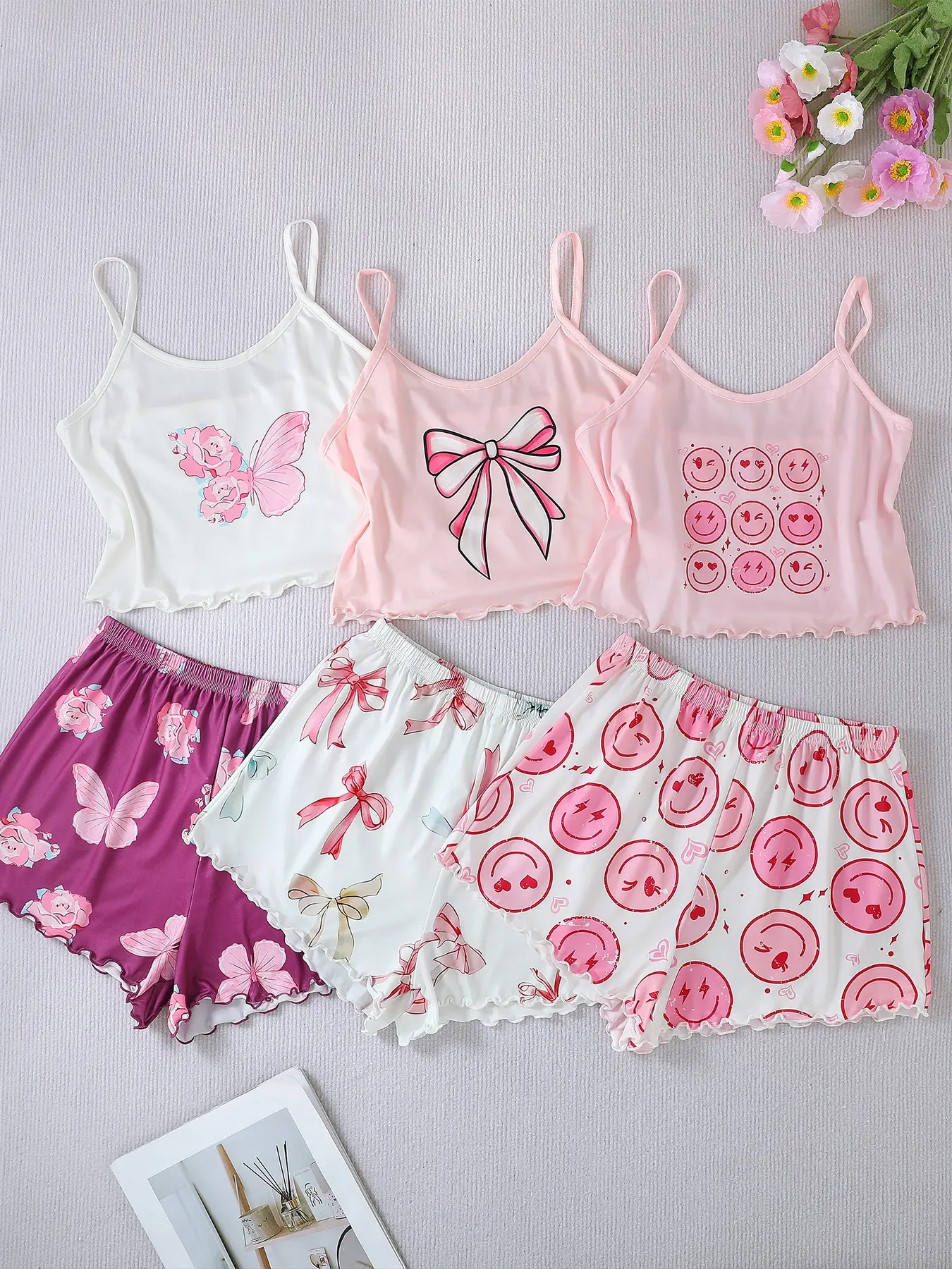 6-Piece Sweet Bow Smiley Face Print Women's Pajama Set, Summer Loose Casual Short Sleepwear Loungewear, Cute Elegant Sleeveless Nightgown
