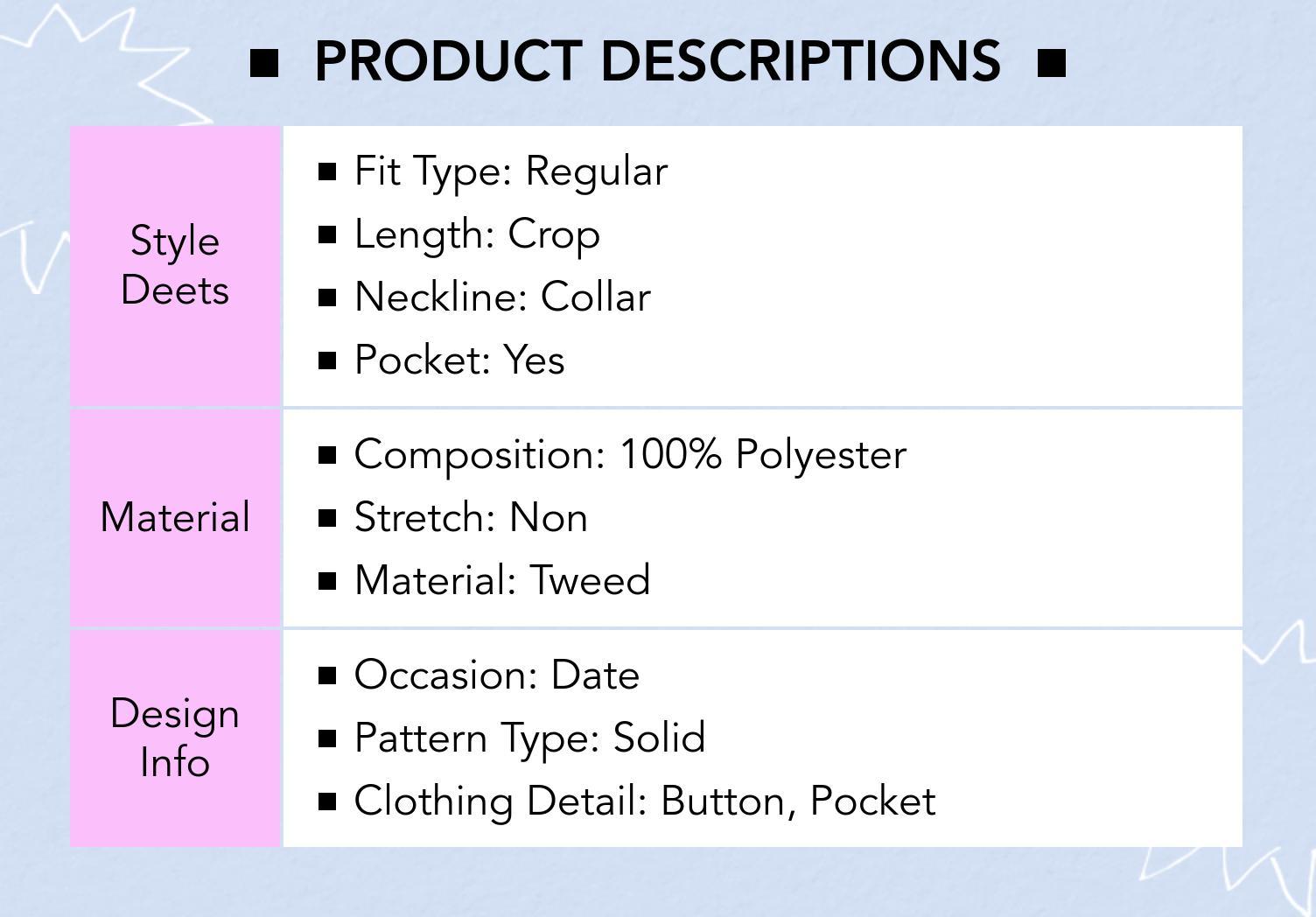 Cider [size 2-10] Tweed Collar Solid Button Pocket Crop Jacket