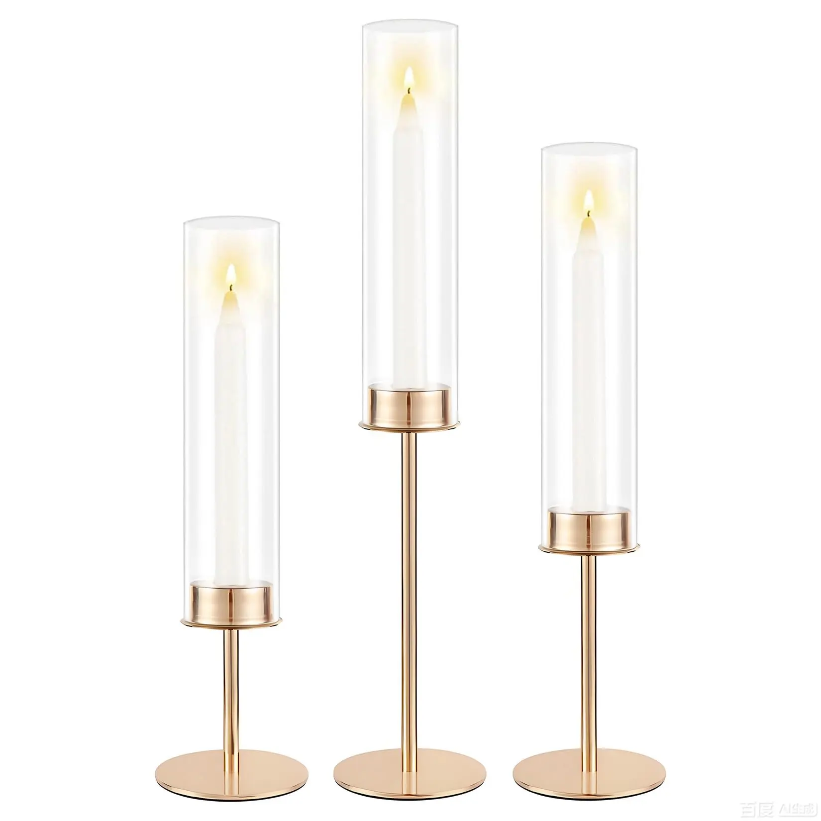 Garvee 3pcs Gold Hurricane Glass Candle Holders with Clear Cylinder Sleeves, Elegant Taper Candlestick Holders for Wedding, Birthday, Christmas, and Home Decor Table Centerpiece