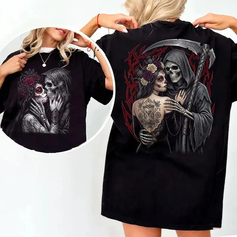 Grim Reaper Skull Floral Sugar Skull Graphic T-Shirt, Retro Halloween Gothic Shirt,Couple Tattoo Art Black Tee, Dark Romance Day of The Dead Casual Unisex Short Sleeve Holiday Apparel,Horror Halloween Gift