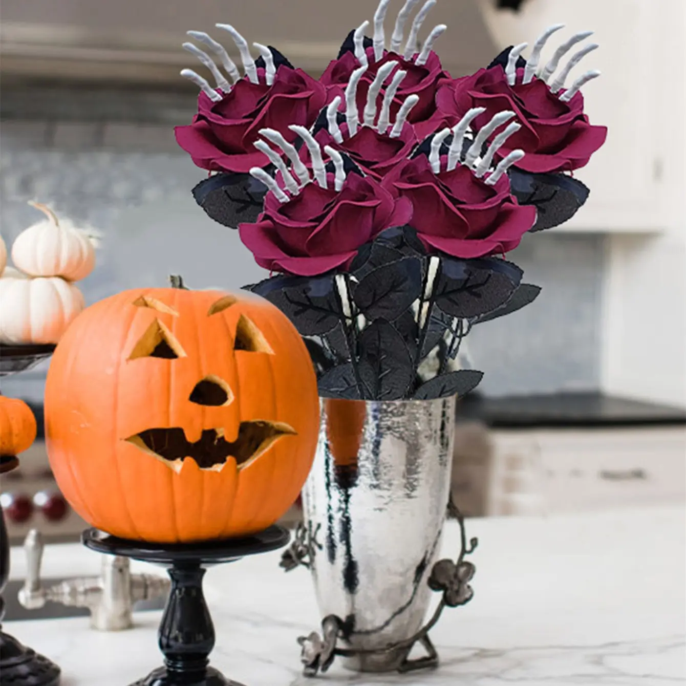 Set of 6/10 Gothic Skeleton Hand & Faux Rose Centerpieces – Decorative Centerpiece – Party Decorations – Maintenance-Free Black Table Decor for Parties & Home – Long-Lasting Spooky Table Accents – Halloween Horror Bouquets