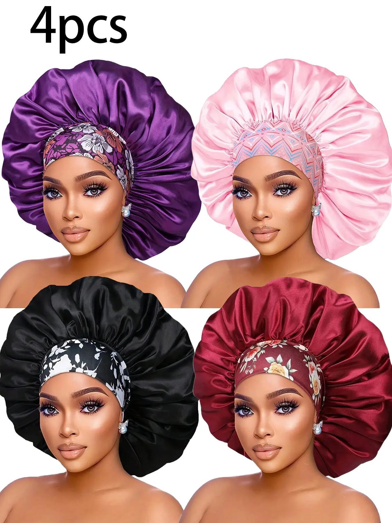 Women's Plain Color Bonnet (4pcs), Casual Fashion Ditsy Floral Print Wide Band Bonnet, Soft Comfortable Sleeping Bonnet for Women & Girls, Bonnets for sleeping