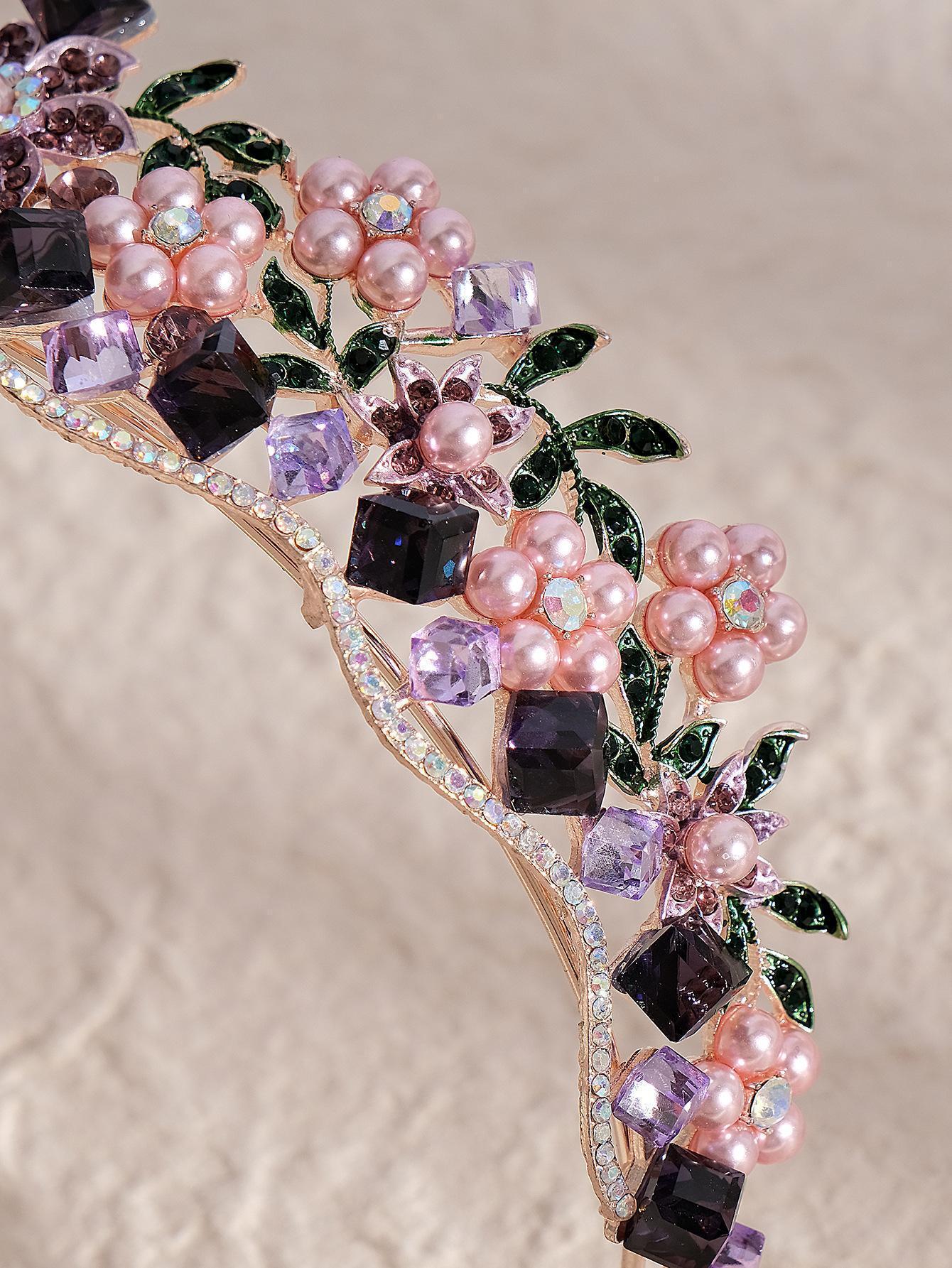 Baroque Purple Crystal Wedding Crown for Women Rhinestone Pearls Tiaras and Crowns Queen Bride Headdress Girls Hair Jewelry