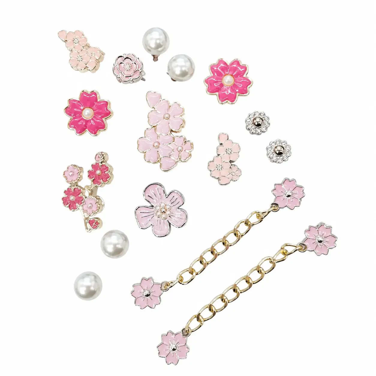 16-Piece Shoe Decoration Kit Featuring Cherry Blossom Motifs, Faux Pearl Accents, and Floral Chains – Waterproof, Versatile Charm Set for Clogs, Sandals, and Casual Footwear – Ideal for Festive Parties, Seasonal Celebrations, and Everyday Style