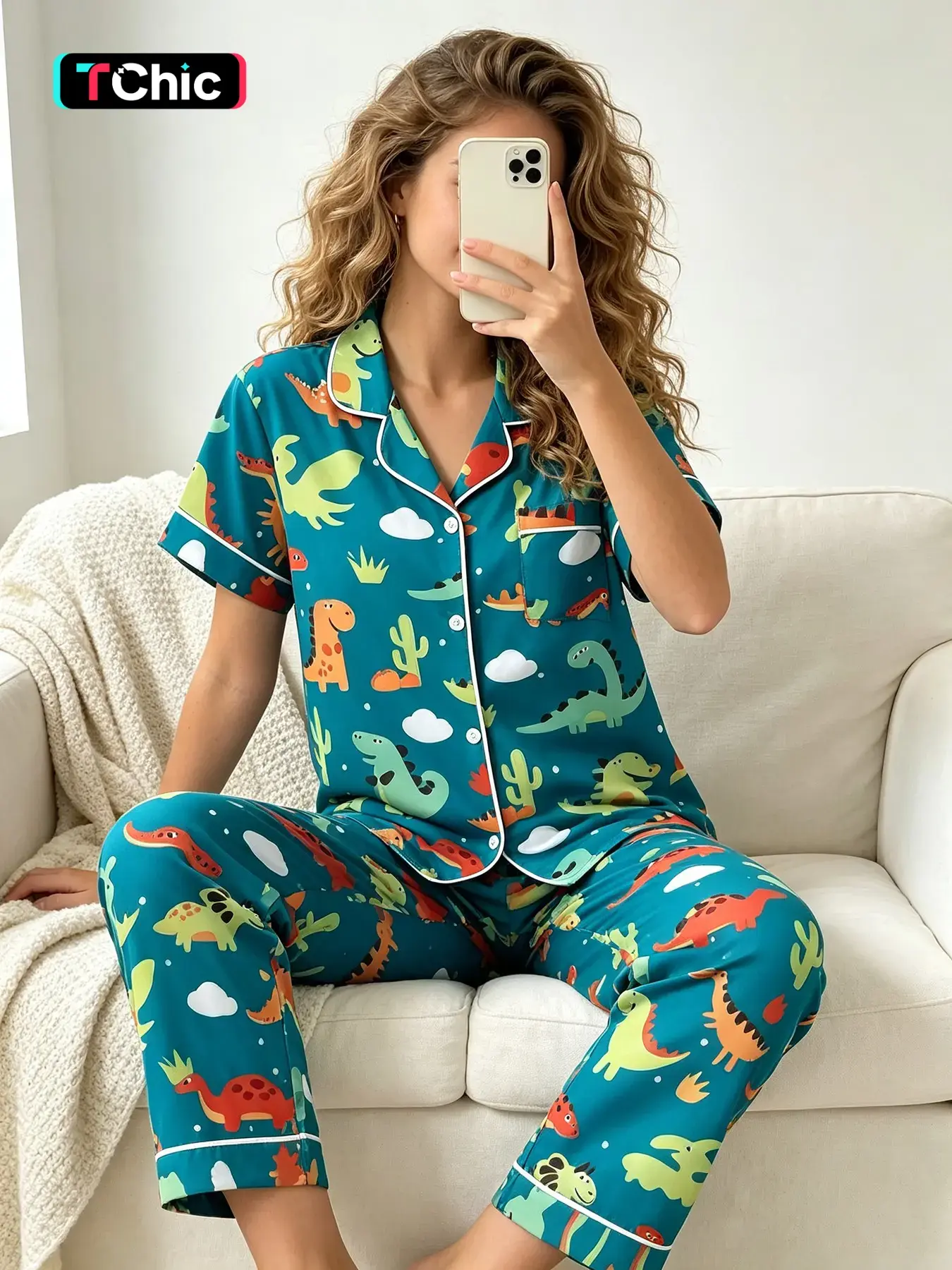 Women's Open‑front Short Sleeve Top And Long Pants Pajama Set, wearable all seasons, colourful cartoon dinosaur cactus print, playful nostalgia loungewear, fun home outfit, comfy sleep suit, casual indoor garments