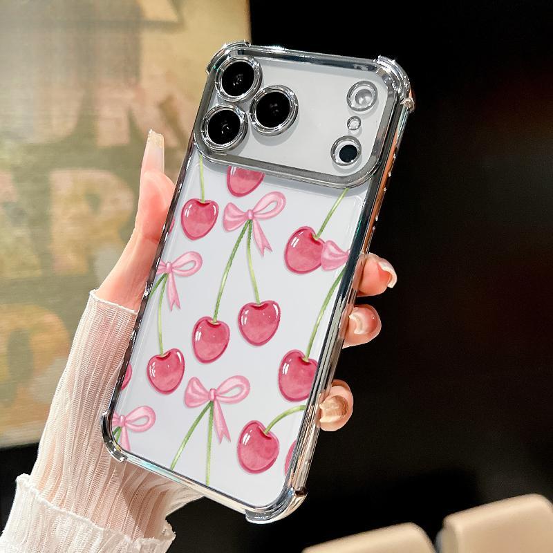 Cherry Bows Pattern Four Corner Anti-Fall Phone Case Transparent Electroplated Protective Cover for iPhone 17 Air 16 E Pro Max 15 Plus 14 13 12 11 X,Samsung and other series models, can be given as a holiday gift to friends or family