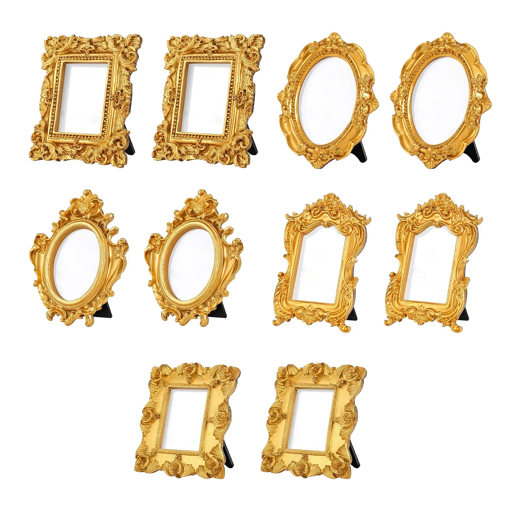 10PCS Gold Vintage Photo Frames Set – Resin Mini Frames for Table, Cards, Display & Home Decor | 5 Unique Designs | Perfect for Wedding Place Cards, Craft Projects & Shelf Styling