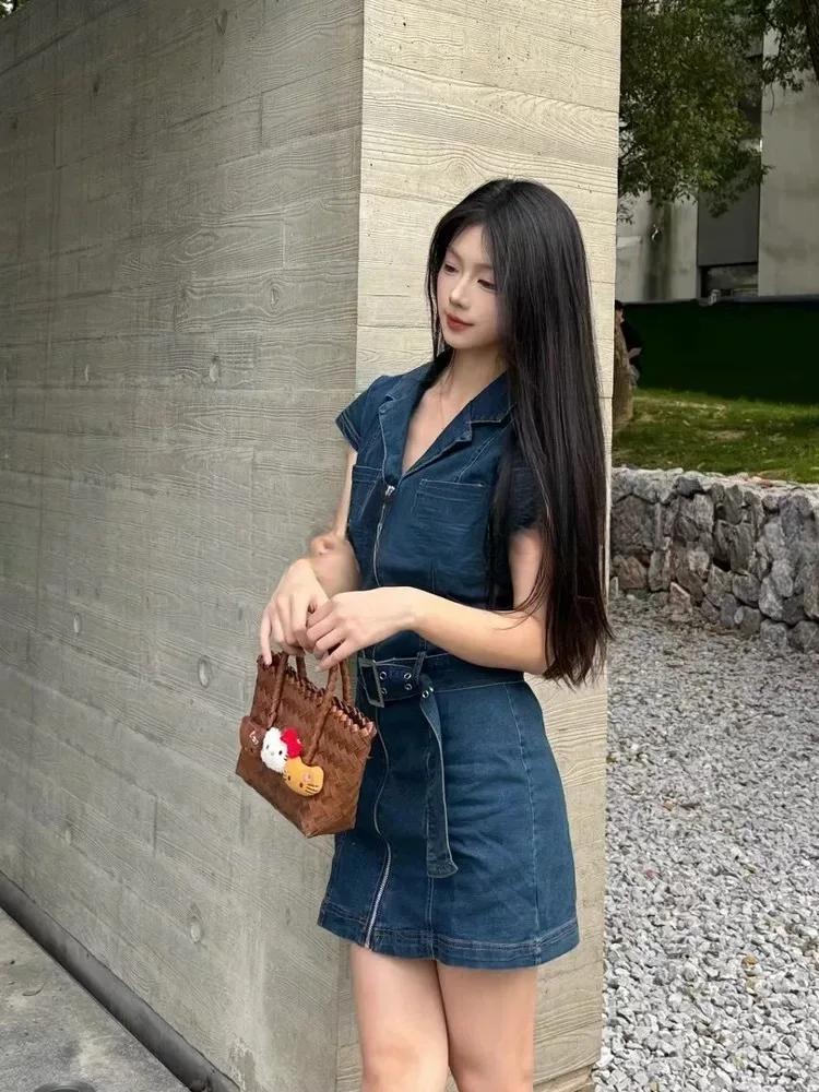American Retro Black Denim Short Dress Women Summer Zipper Elegant Slim One Piece Dress Korean Fashion Design Casual Clothing