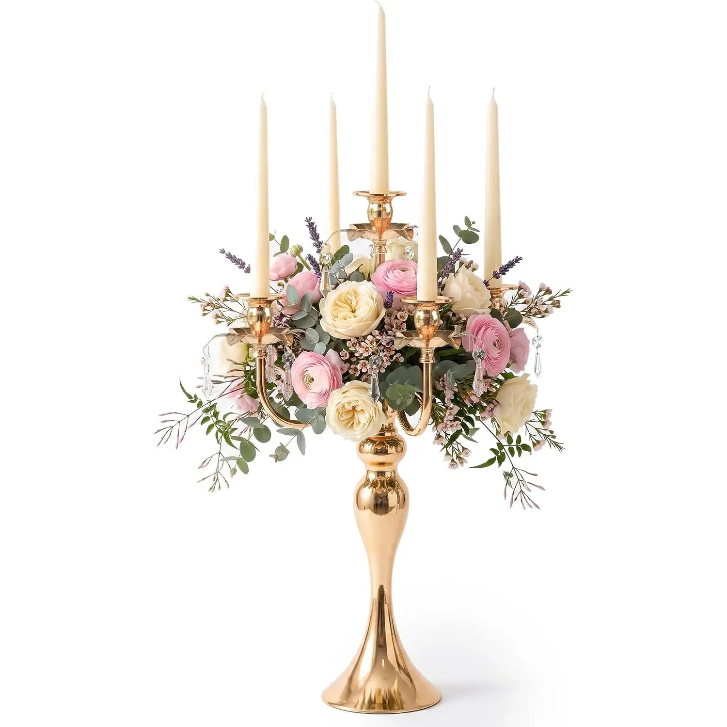 20.3'' Tall 5 Arm  Candelabra Centerpiece for Table, Metal &Crysyal Candle Holder, Retro Candelabra/Candlestick Table Centerpieces for Party, Events, , Wedding Decor (1pc, )