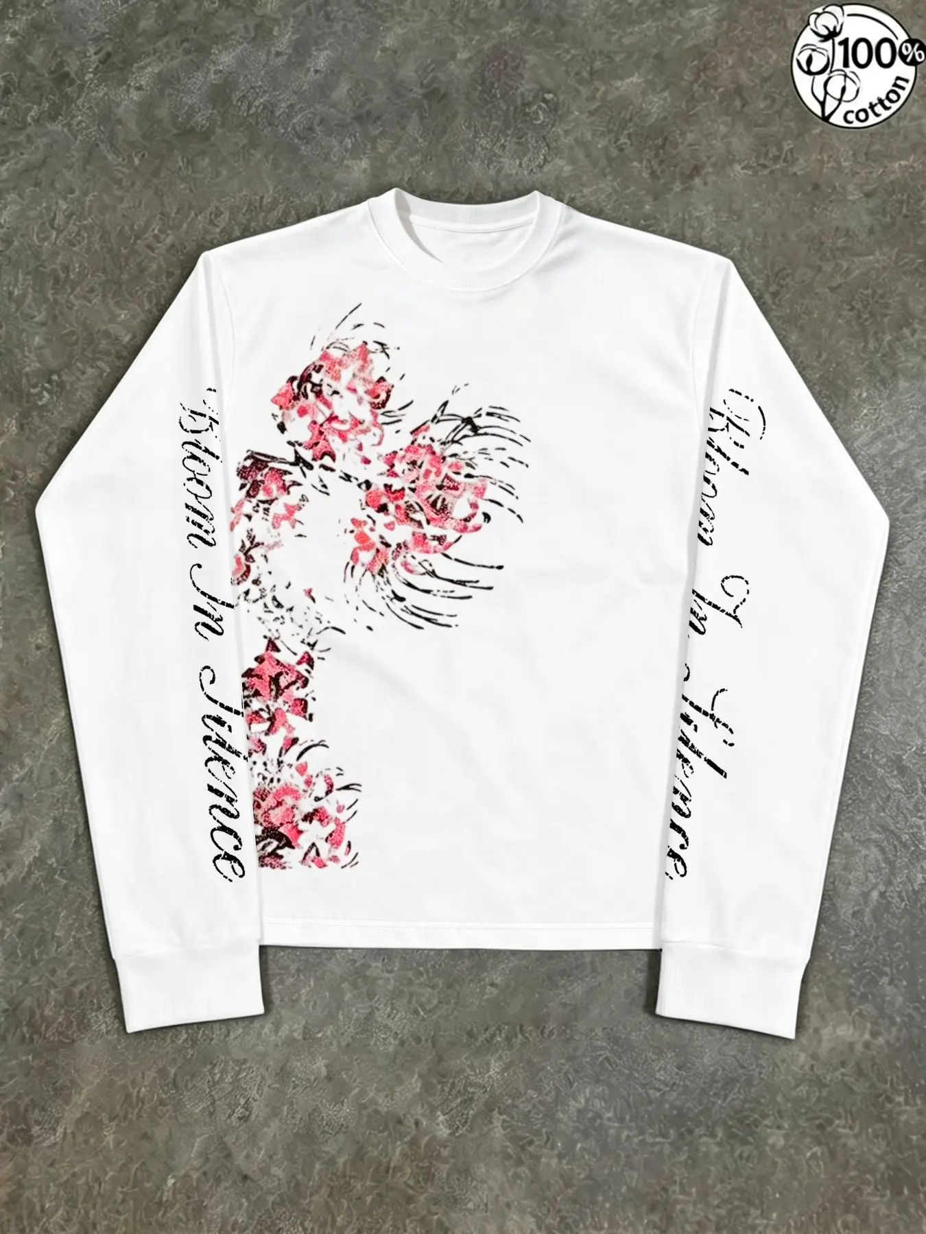 100% Cotton Men's Long Sleeve T-Shirt, Spider Lily Vintage Handwritten Letter Print, Ribbed Round Neck, Street Style Top