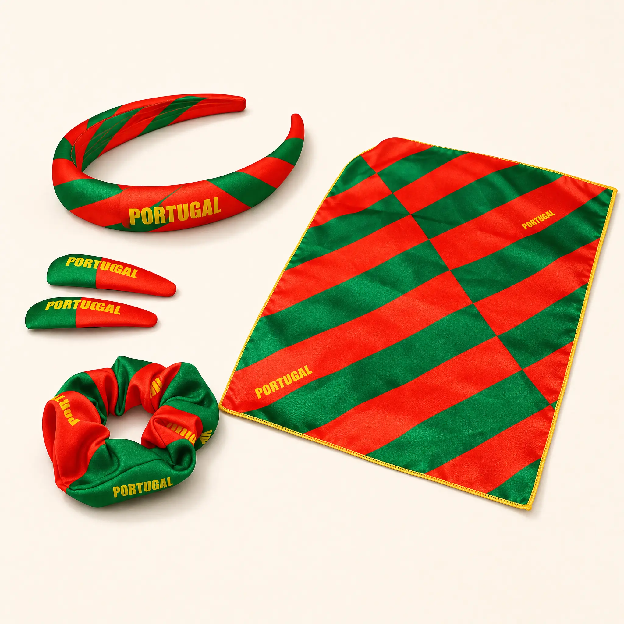 Hair Accessories Set, Satin Headband & Scrunchie, Portugal Flag Colors, 4-Piece Bundle With Hair Scarf & Clips, For Women Soccer Fan Game Day & Watch Party, Bold Red Green Fan-Ready Festive Patriotic Matching Look, Machine Washable Gentle On Hair Perfect