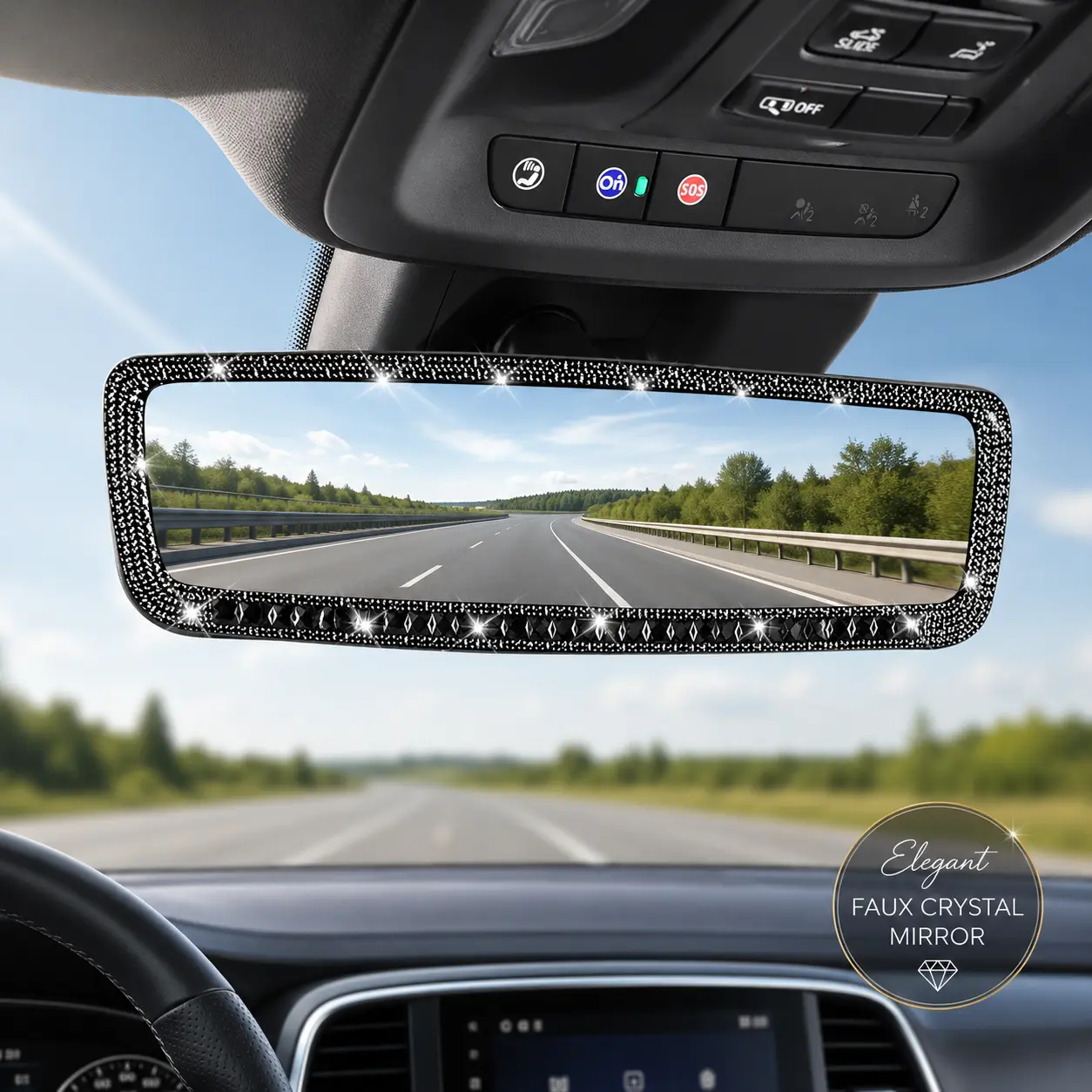 Faux Crystal Rear View Mirror, Sparkling Rhinestone Clip-On Panoramic Car Mirror for Women, Wide Angle Interior Rearview Mirror, Chic Bling Car Accessories with Gift Box, Universal Fit for Cars SUVs Trucks