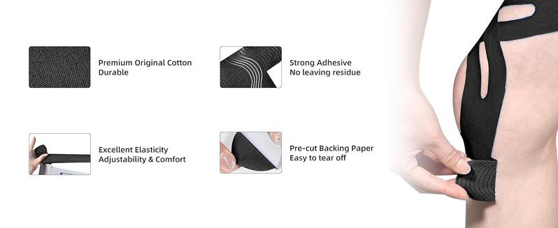 Precut Kinesiology Tape for Knees, 12 Pcs - Knee Support & Stability, Knee Pain Relief Athletic Tape - Waterproof & Elastic, Breathable Hypoallergenic Latex-Free Tape, Black