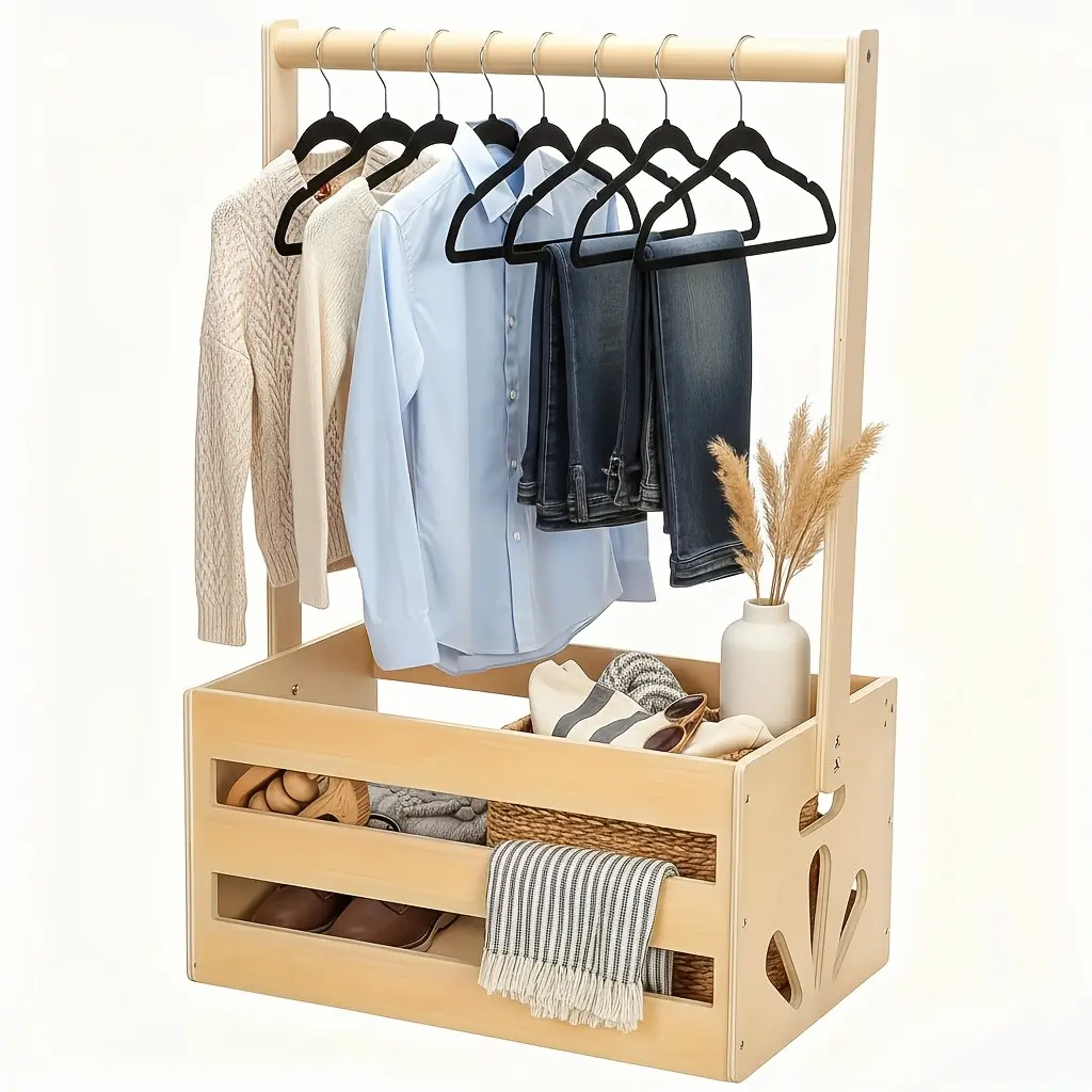 1 Modern Wooden Storage Basket with Handles - Multi-functional Storage Box, Decorative Box, Perfect Gift for New Parents, Cute Clothes Storage Divine, Freestanding Clothes Hat Rack