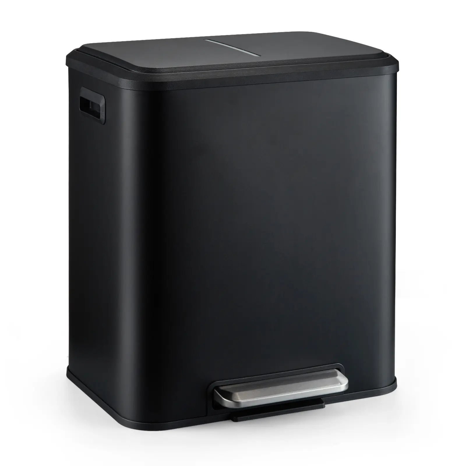 Dual Compartment Stainless Steel Step Trash Can, Total 8 Gallon Capacity (2 x 4 Gallon Each Bin), Equipped with Removable Inner Buckets & Soft-Close Lid, Waste Separation Recycling Bin for Kitchen, Bathroom and Office