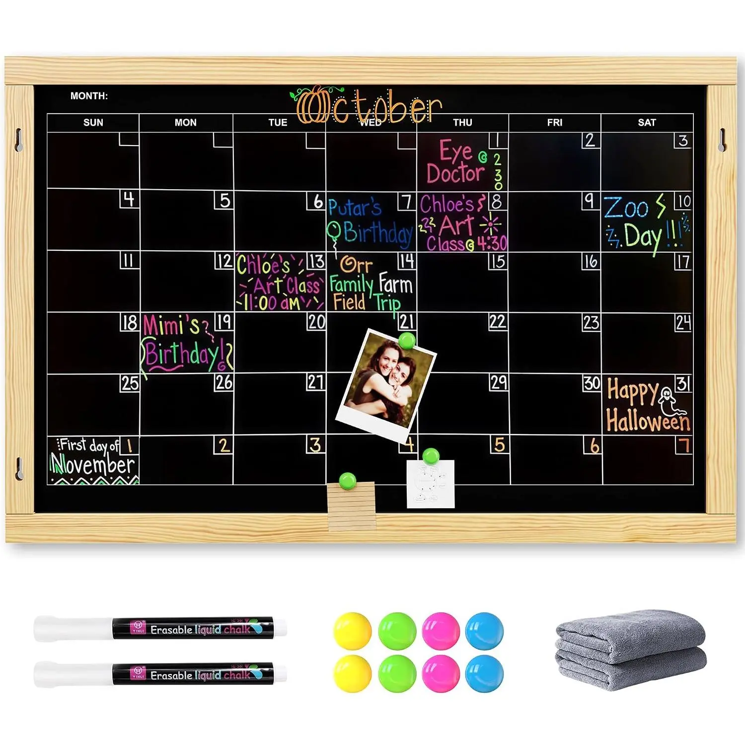 24"x16"  Chalkboards with Double‑Sided  | Wooden Frame, 2 Markers, 8 , Hardware. ‑Sided: Chalkboard Calendar and Blackboard, for Kitchen Office  School