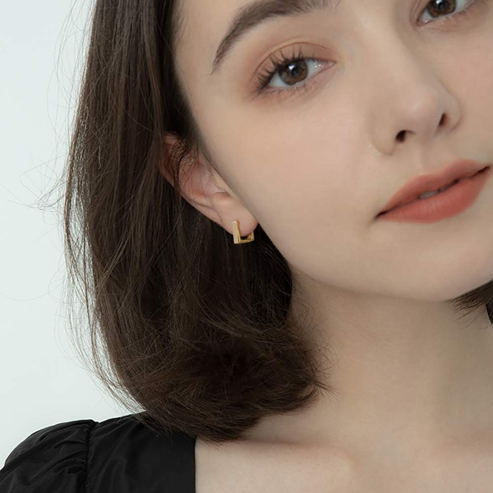 2 Pairs 14K Gold Plated Minimalist Hoop Earrings Small Dainty Geometric Square and Rectangle Huggies Hoops for Girls Women Gift, gold, silver and black