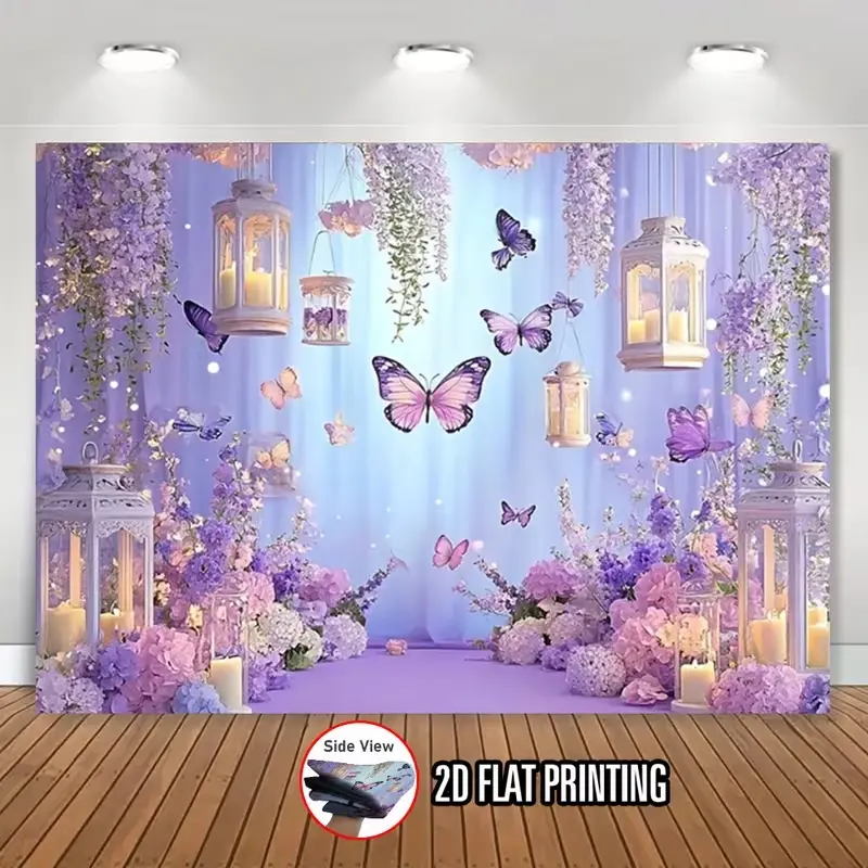 Purple Butterfly Floral Print Backdrop Banner, Photography Backdrop for Birthday Party Decoration, No Electricity Required, Suitable for Various Celebration Backdrops
