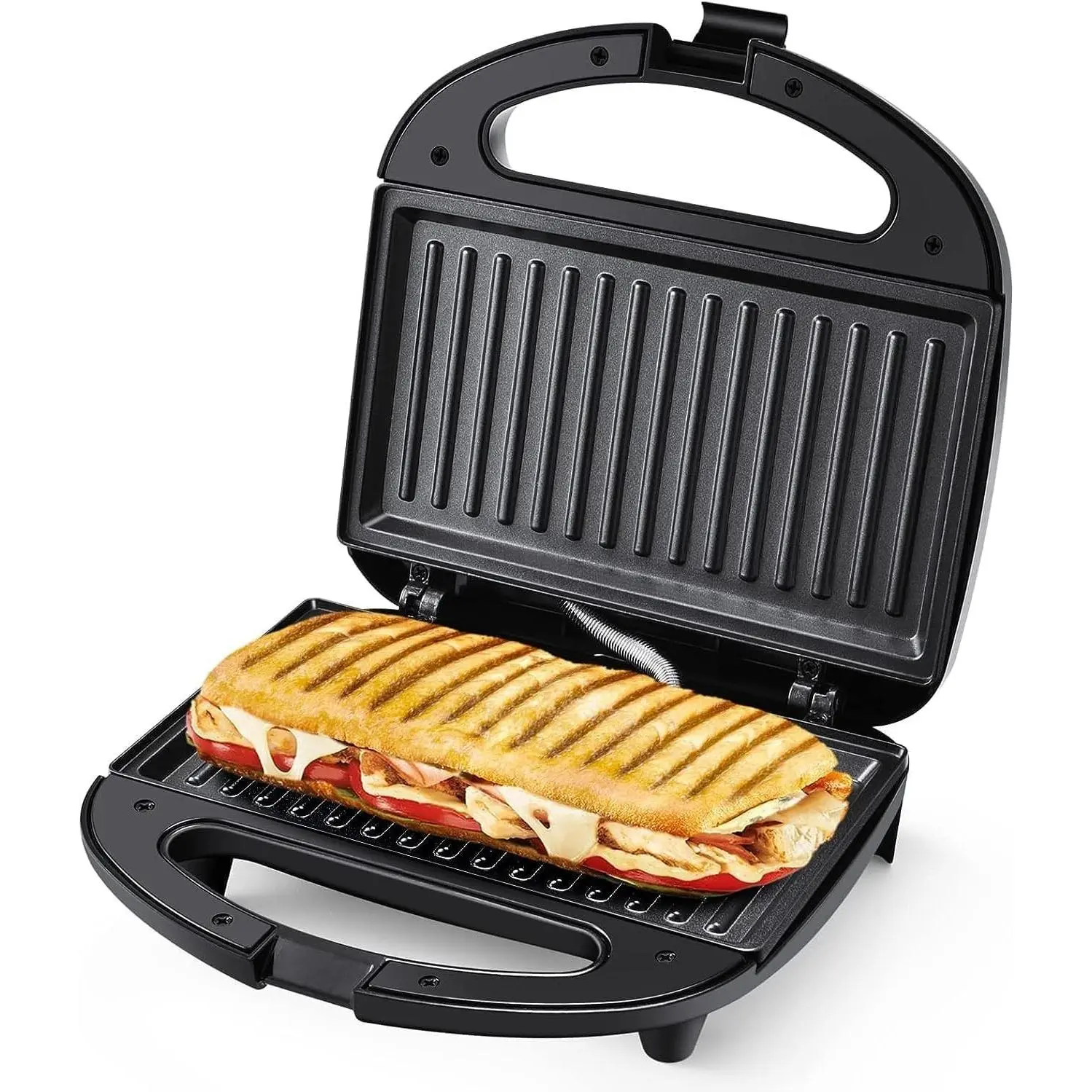 Panini Press Sandwich Maker, 2-Slice Sandwich Toaster Grill | 750W Heating with Raised Nonstick Grill Plates, Indicator Lights, Cool-Touch Handle, Cord Wrap Storage and Easy Cleanup
