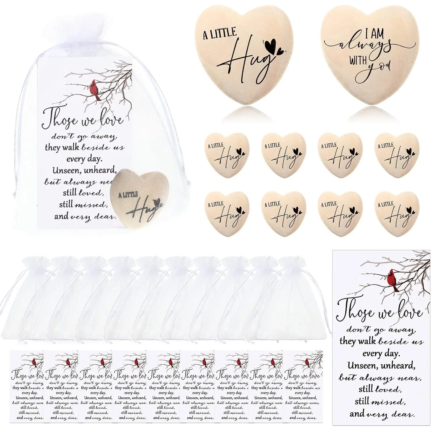 25 Sets Funeral Favors Wooden Heart Tokens with  Cards | Pocket Hug Memorial Keepsakes, Sympathy Gifts with Organza Bags, Celebration of Life Favors for Church Guests and Family