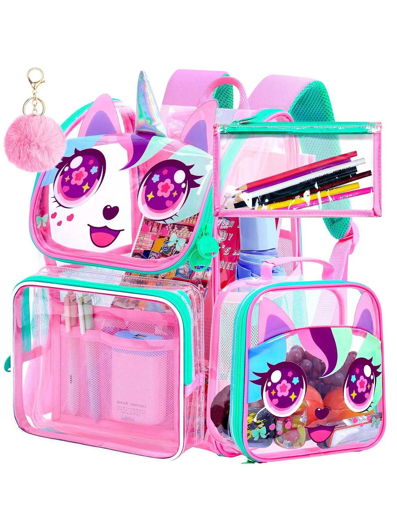 3PCS Girls Clear Bookbag, 15" Unicorn Transparent Backpack for Elementary School, See Through School Bag with Lunch Box - Magical Pink Unicorn