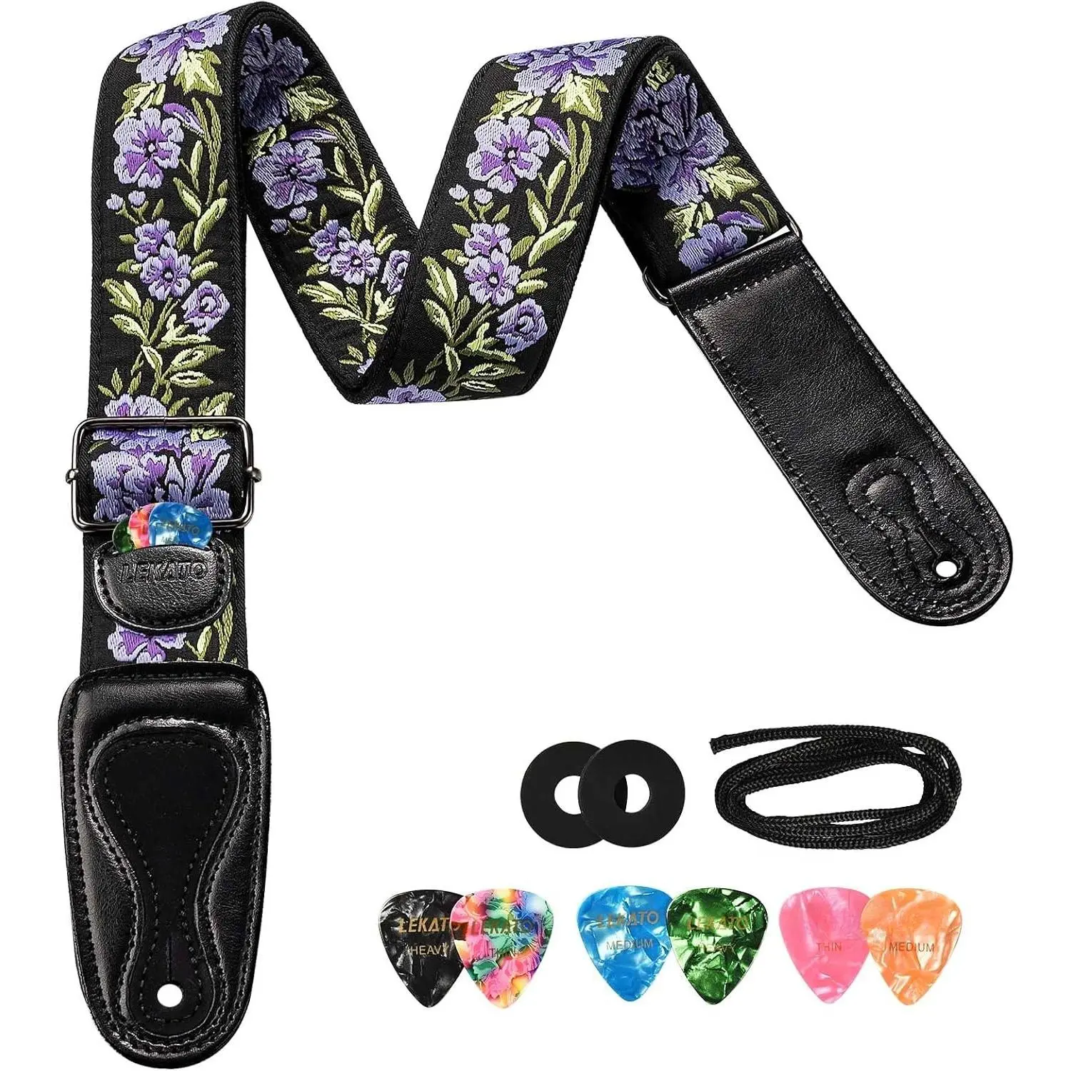 Flower Bass Strap, Flower Guitar Strap for Bass, Electric & Acoustic Guitar 2" Wide Guitar Straps with Leather Ends Artistic Woven Guitar Straps with Pick Holder 2 Safty Strap Locks & 6 Picks