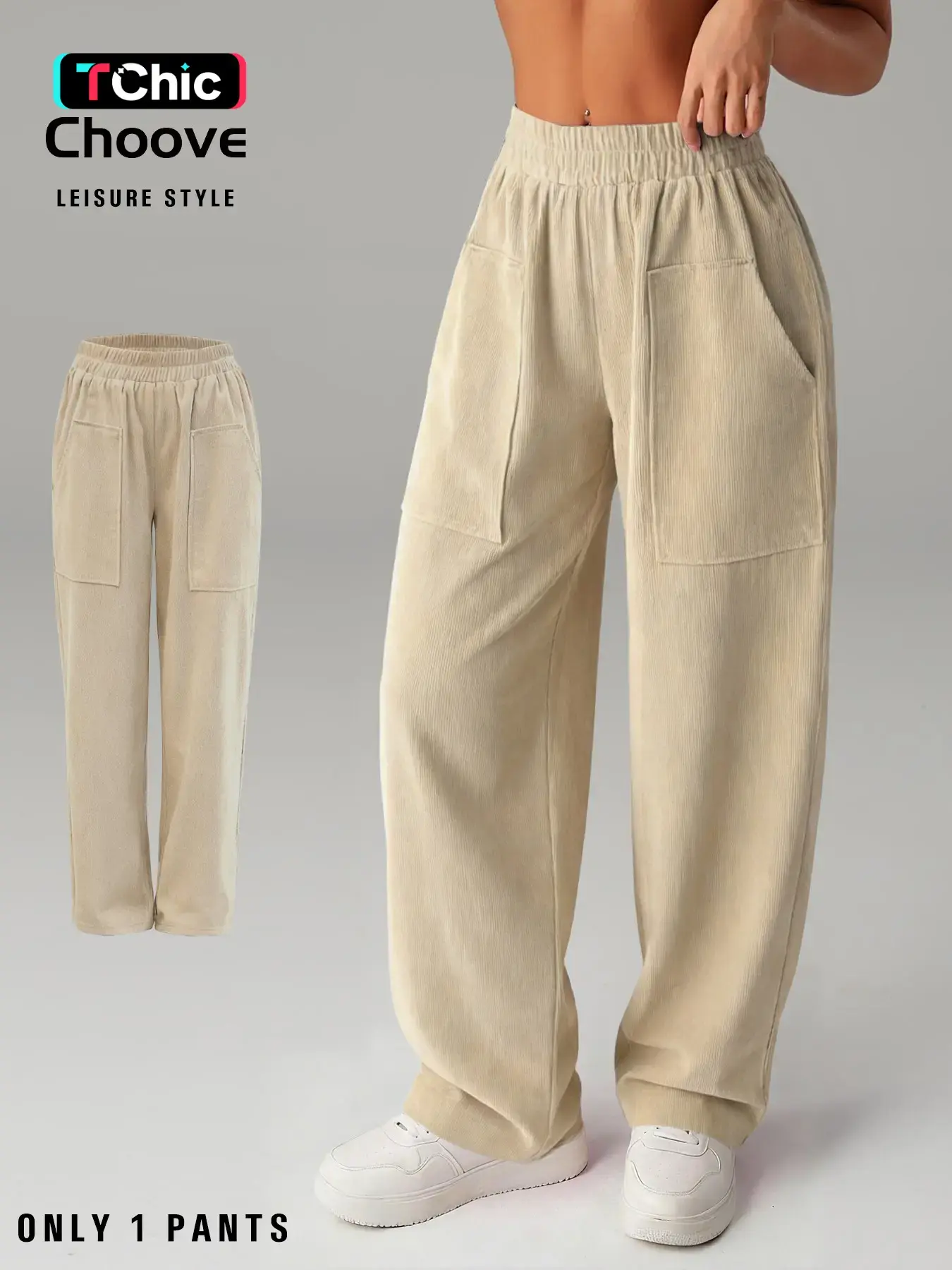 Women's Corduroy Casual Long Pants, Pocket, Basic Simple Design, All Seasons Wear, Fitted Style, Elastic Waist, Plain Pattern, Regular Length