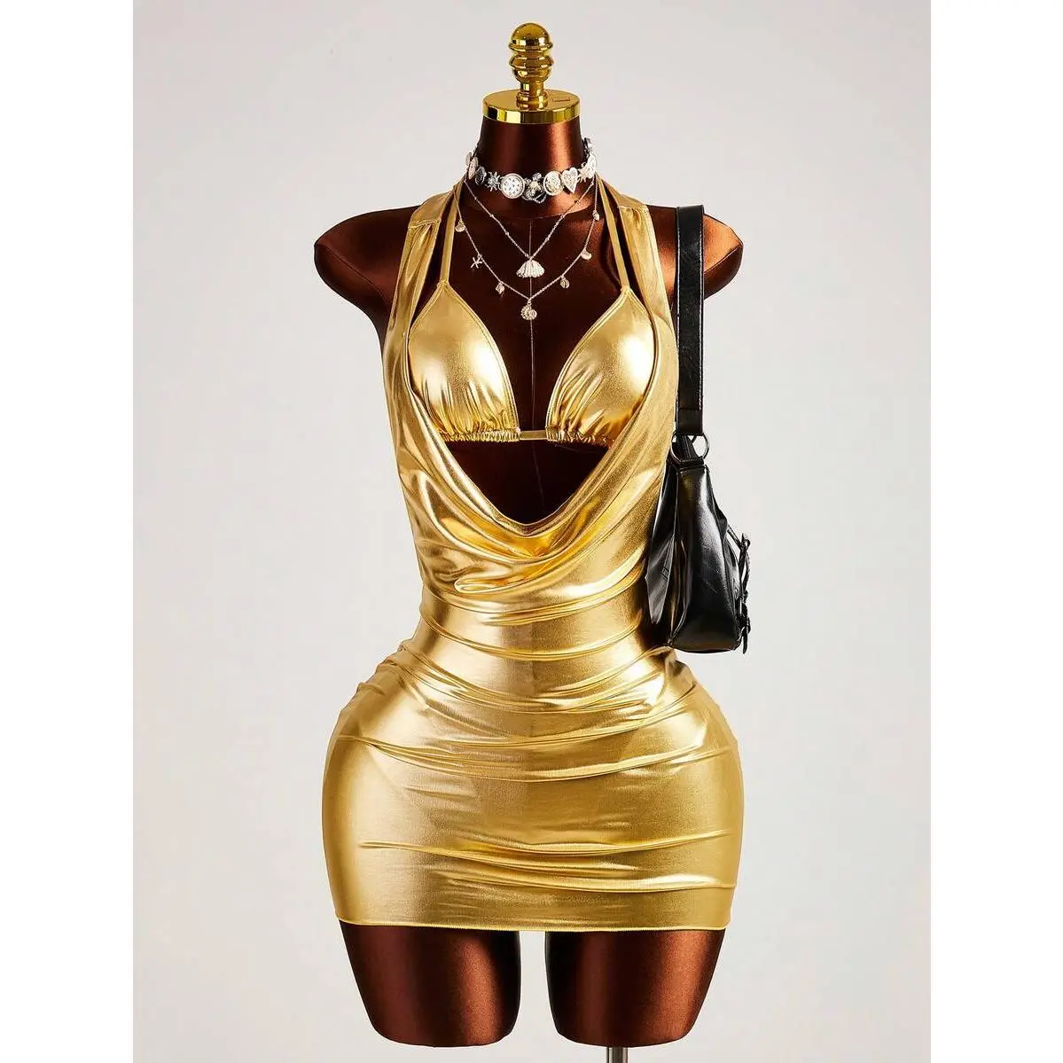 Women's 3pcs Metallic Gold Shiny Finish Bikini Set - Bohemian Silk Leopard Print, Adjustable Wide Shoulder Strap, Plunging Neckline Underwire Triangle Tops, Tie Design, Split, Set Includes Thong Bottoms, Summer Beach Holiday Sport Swimwear, Female Wear