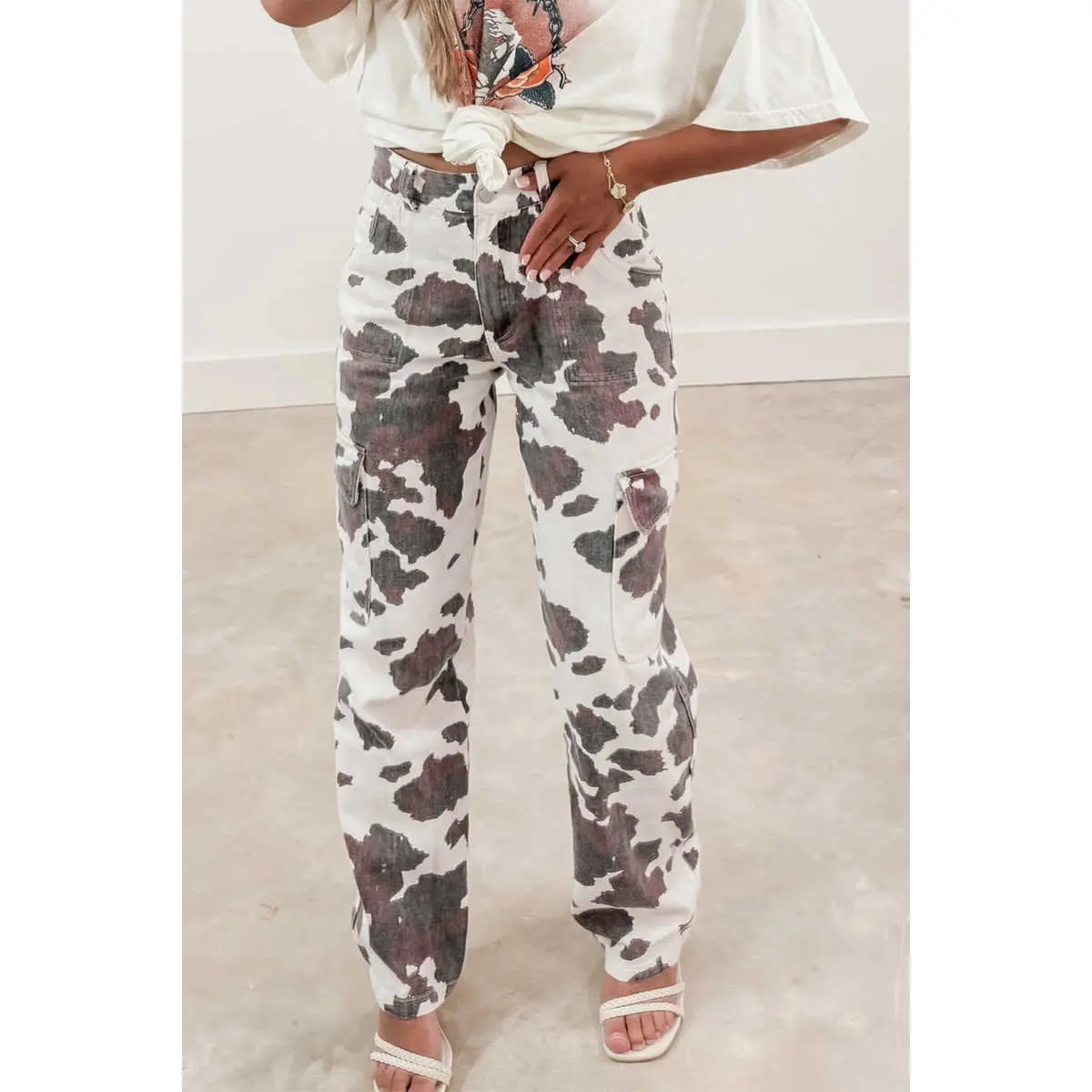 Women's Fashion Cow Print Jeans, High Rise Casual Cotton-Blend Denim with a Barrel Silhouette and Multiple Pockets, Animal, Fabric, Bottoms, Day, Comfortable, Pants, Printed, Style, Clothes