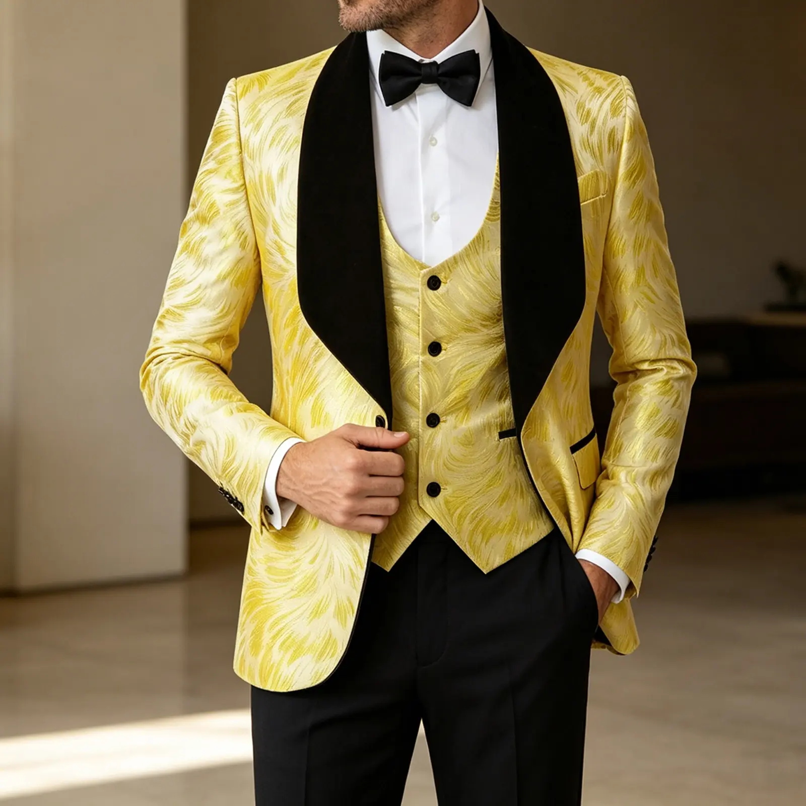 Luxury Golden Feather Pattern Jacquard Mens Three Piece Tuxedo Set Blazer Waistcoat Black Pants Formal Suit for Groom Evening Party Photoshoot