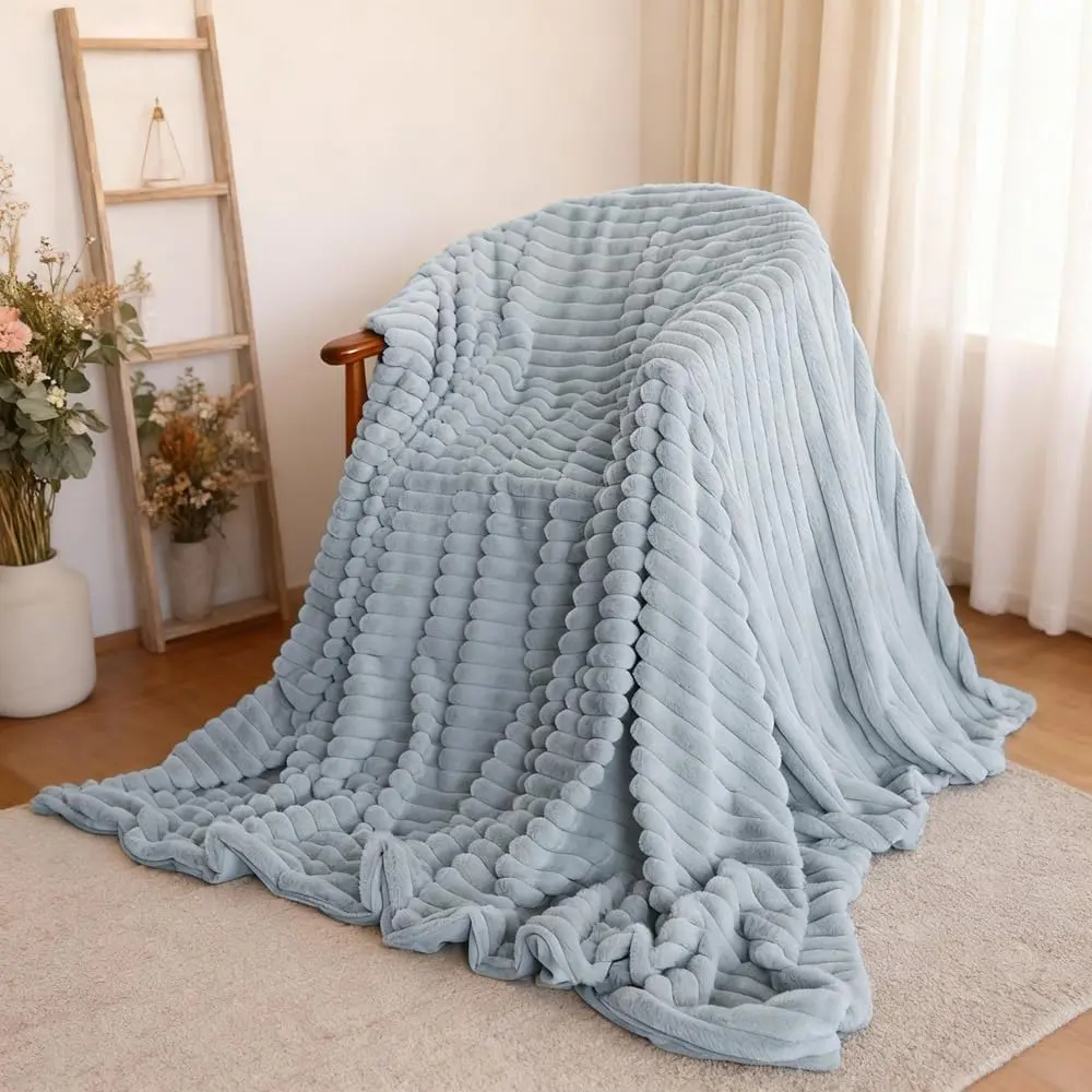 Luxury-Layer Faux Fur Throw Blanket - Soft Plush, Twin Size (63" x 79") Striped Light Gray Bedding for Home Decor, Sofa