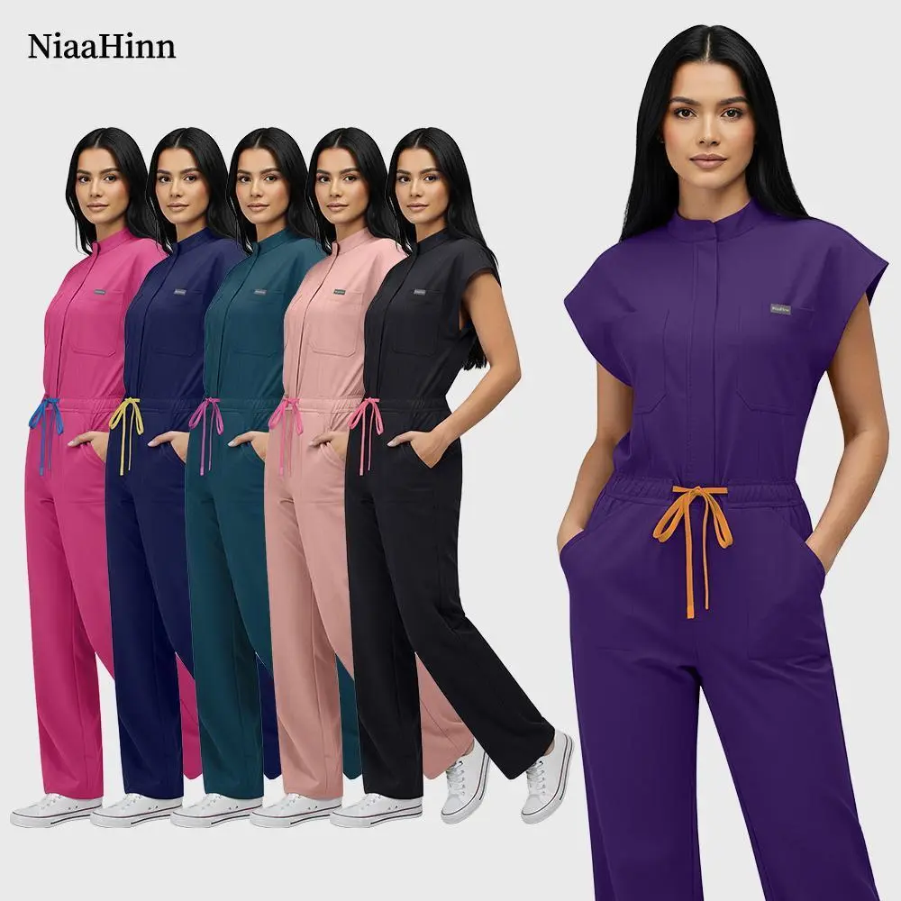 Operating Room Scrub Uniform Full Outfit & Veterinary Nurse Uniform with Bat Sleeve One-Piece Pet Grooming Work Clothes