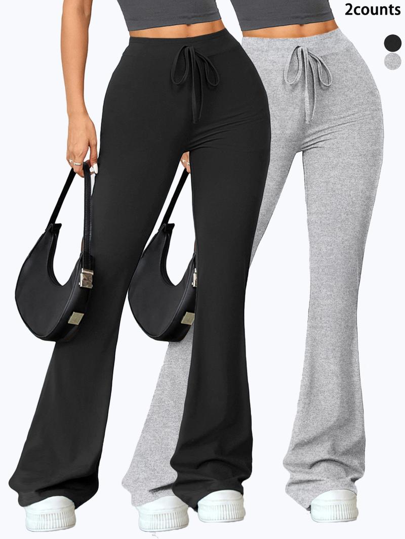 Women's High Waist Flare Leg Sports Tummy Control Leggings, Solid Color Drawstring High Stretch Yoga Leggings, Gym Clothes, Ladies Sportswear for Indoor Outdoor Wear, Gym Yoga Pants