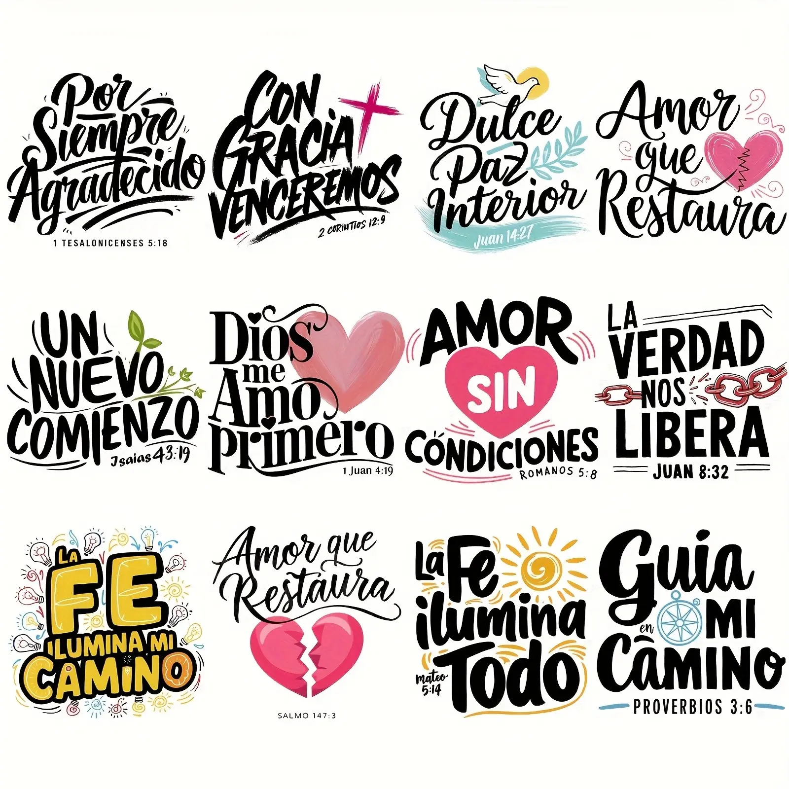 12-Piece Spanish Bible Verse Heat Transfer Stickers Set, Christian Faith Iron-Ons, DIY T-Shirts, Hoodies, Bags, Hats