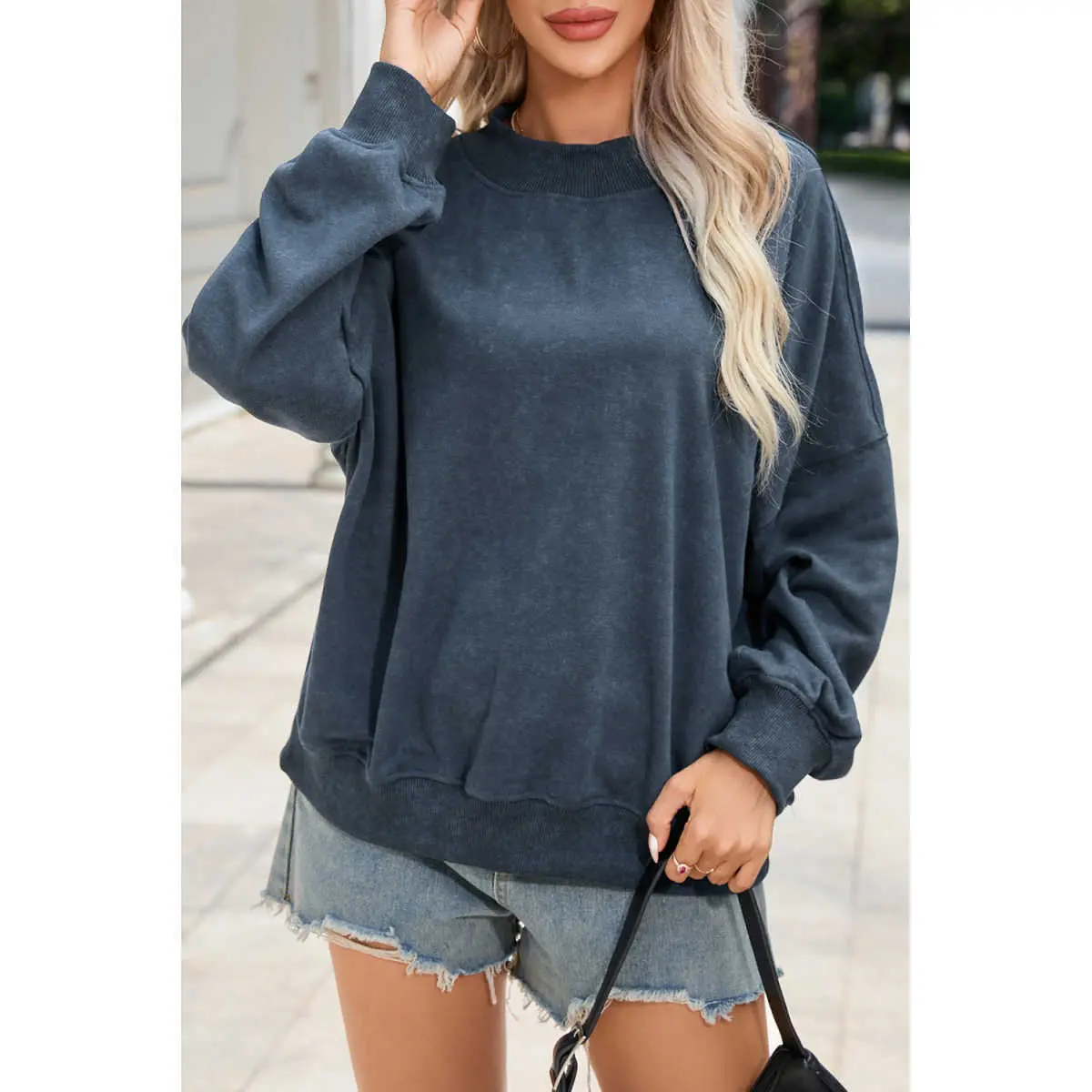 Women's Sky Blue Cotton Long Sleeve Vintage Casual Drop-Shoulder Crew Neck Pullover Sweatshirt, Skirt, Lady