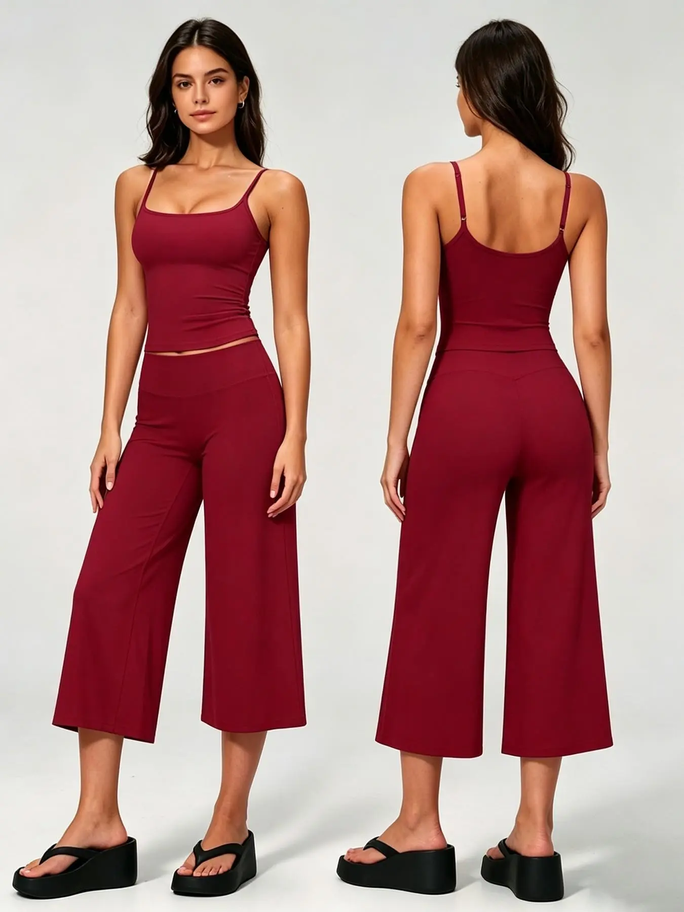 Women's 2-Piece Outfit, Thin Strap Tank Top with Loose Straight-Leg Capri Pants, Vintage Casual Style, Quick-Dry Breathable Fabric Non-Sticky Skin, Cool Summer Activewear for Cycling, Outdoor Walking & Sports