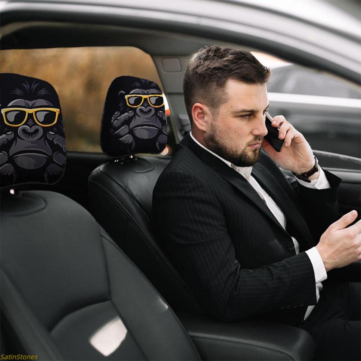 2 Pack Gorilla Headrest Covers with Stylish Eyeglasses, Gorilla and Sunglasses Design, Elastic Car Seat Protector, Truck Seat Cushion Protector, Easy to Install
