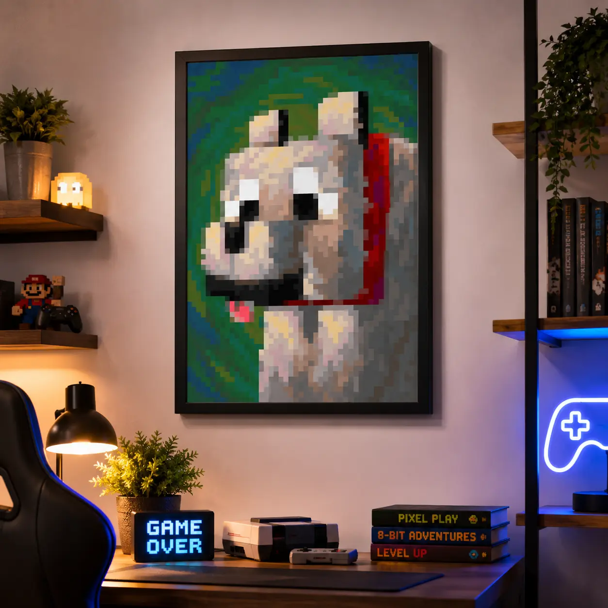 Minecraft Retro 8-Bit Pixel Dog Frameless Canvas Print - 16"x24" (61x91cm) Gaming Room Wall Decor, Otaku Style Fantasy Aesthetic Man Cave Gift for Nostalgic Gamer Pet Enthusiasts, Man Cave Decor, Pixelated