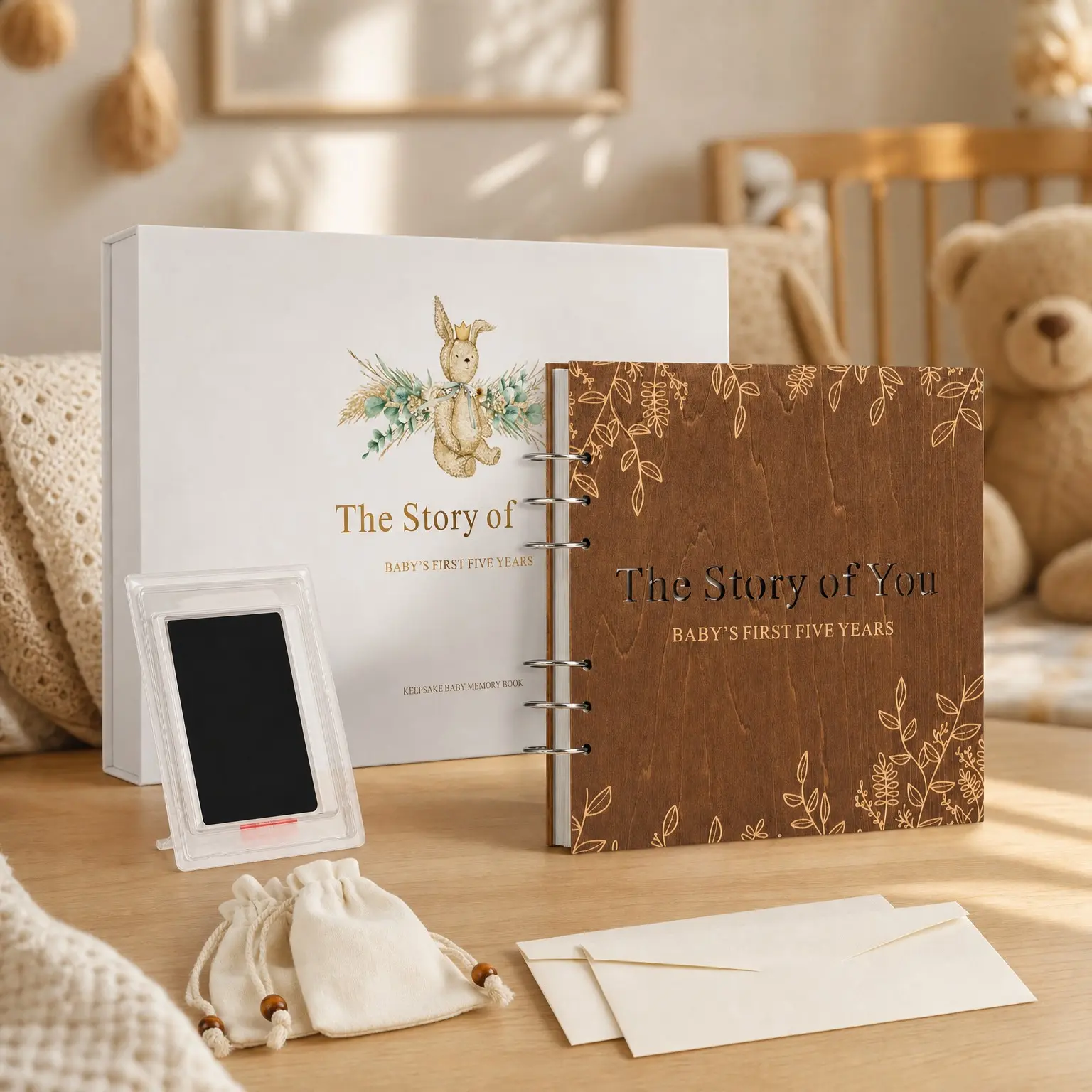 Wooden Baby Memory Book Keepsake Box for Boys & Girls, First 5 Years Milestone Scrapbook Journal, Gender Neutral Baby Shower Gift Set with Ink Pad, Keepsake Bags & Envelopes(Gift)