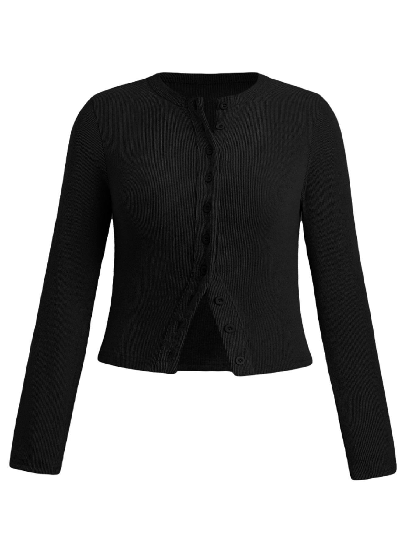【Plus Size】 Solid Color Ribbed Button Front Cardigan, Casual Long Sleeve Round Neck Knitwear for Spring & Fall, Women's Tops for Daily Wear